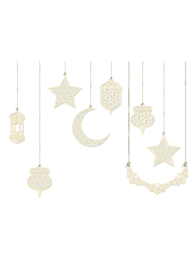 Set of 8 Ramadan Decorations Wooden Hanging Ornaments for Eid Mubarak Islamic Home Decor Crescent Moon Star Lantern Eid Festival Decorations Car Window Door Hanging - Image 2