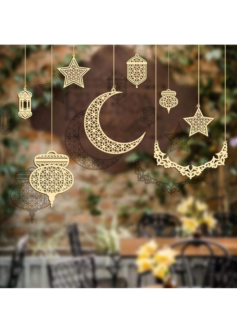 Set of 8 Ramadan Decorations Wooden Hanging Ornaments for Eid Mubarak Islamic Home Decor Crescent Moon Star Lantern Eid Festival Decorations Car Window Door Hanging - Image 1