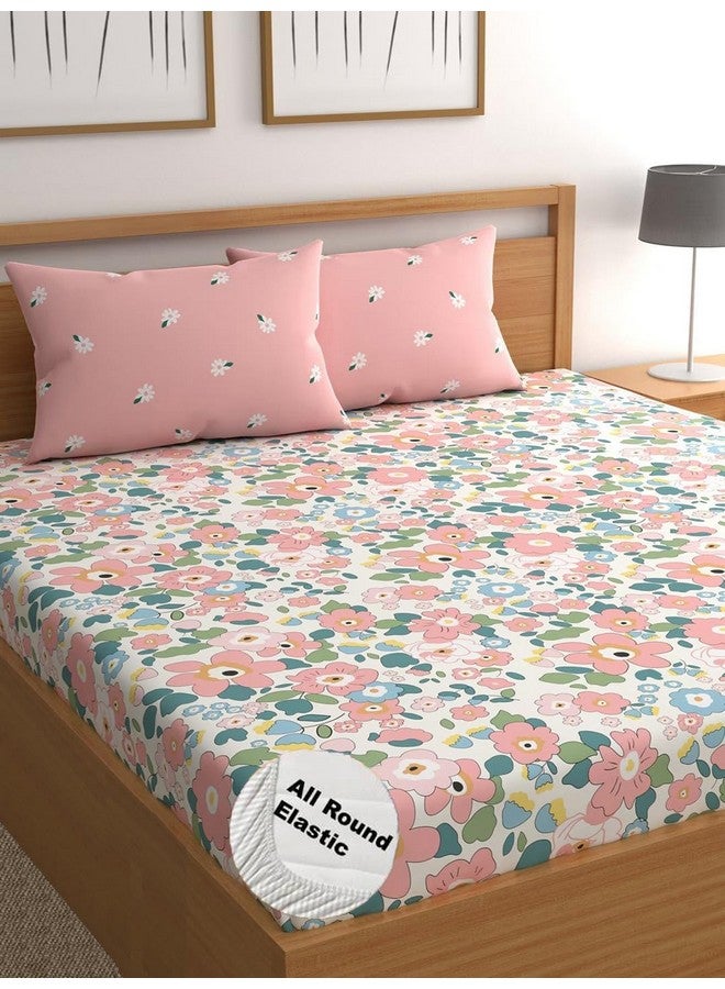 LOOMLYFE 300 TC Cotton Feel Glace Cotton Elastic Fitted Printed Queen Size Double Bed Bedsheet with 2 Pillow Covers Fits Upto 8 inches,Size- 60x78x10 Inches, Pink Flower - Image 1