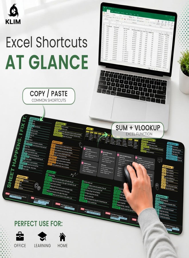KLIM Excel Cheat Sheet Desk Pad XL 31.5” x 11.8” - Large Mouse Pad with Shortcuts & Formulas, Quick Reference Cheat Sheet for Microsoft Excel, Waterproof Non-Slip Desk Mat - Image 2