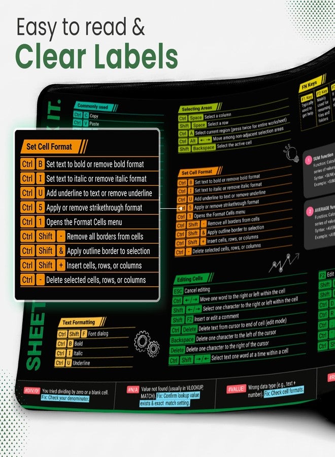 KLIM Excel Cheat Sheet Desk Pad XL 31.5” x 11.8” - Large Mouse Pad with Shortcuts & Formulas, Quick Reference Cheat Sheet for Microsoft Excel, Waterproof Non-Slip Desk Mat - Image 3