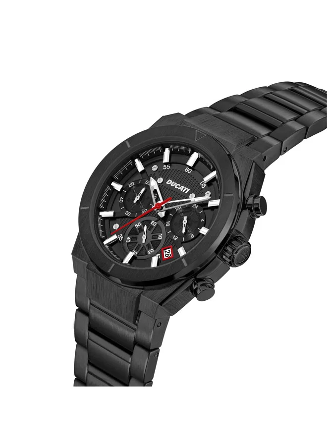 دوكاتي Ducati Men's Chronograph Watch with Black Textured Dial, Contrast Accents, Stainless Steel Bracelet, Water Resistant to 50m, 43.5mm Case – Stylish Precision for Every Occasion