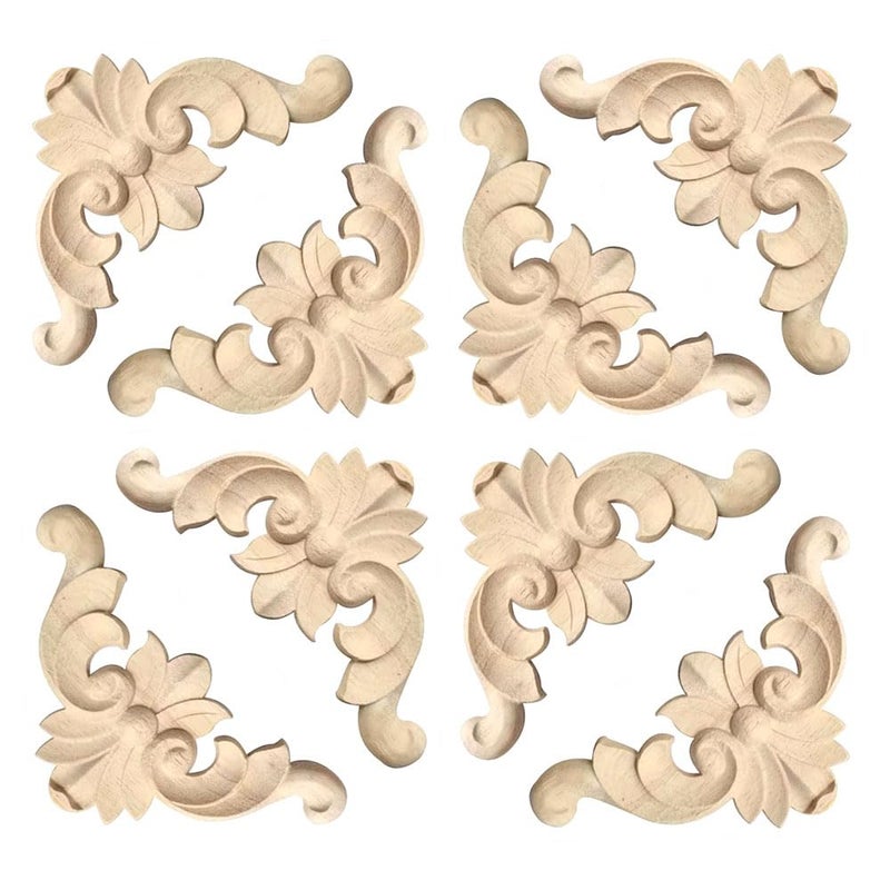 Aiminjey 20 Pcs Decorative Wood Flower Carved Appliques Corner Onlay DIY Unpainted Solid Wooden Carved Corner Decal for Furniture Wardrobe Mirror Photo Frame Closet Decoration (2.4inch) - Image 1