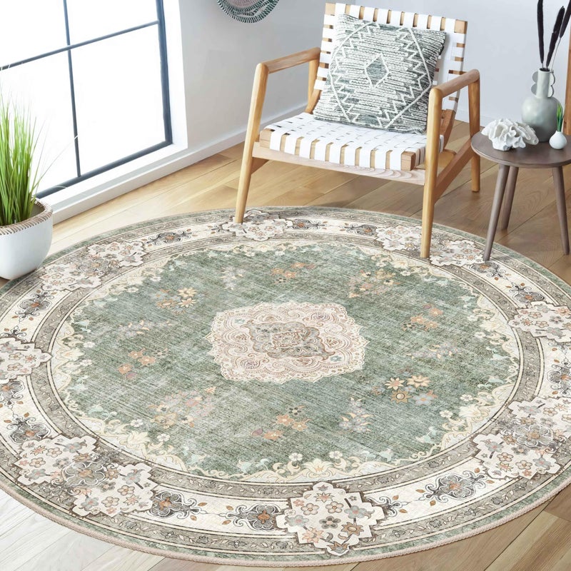 MUJOO Green Round Rug 5ftCircle Washable Area Rugs for Bedroom Living Room BathroomBoho Large Non Slip Circular CarpetSage Floral