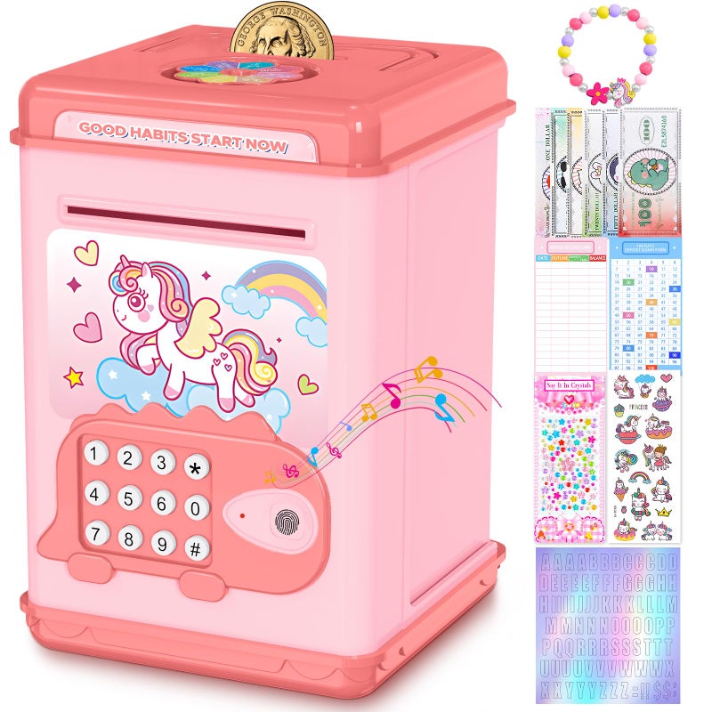 TCJJ Unicorn Piggy Banks for KidsMoney Box for Girl with Password  Fingerprint Unlocking4 Stickers  Unicorn BraceletAccounting SheetGirls Unicorn Gifts for BirthdayChristmas