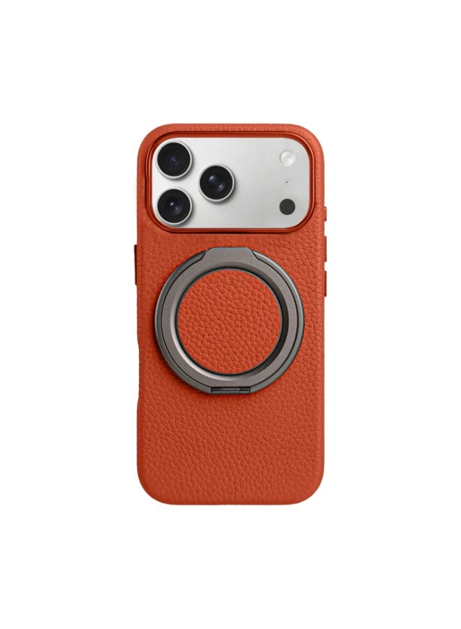 A-Case Amur Series 2-in-1 Genuine Leather Phone Case for iPhone 17 Pro Max with Rotating Metal Grip & Kickstand – MagSafe Compatible, Slim & Durable Protection – Orange - Image 1