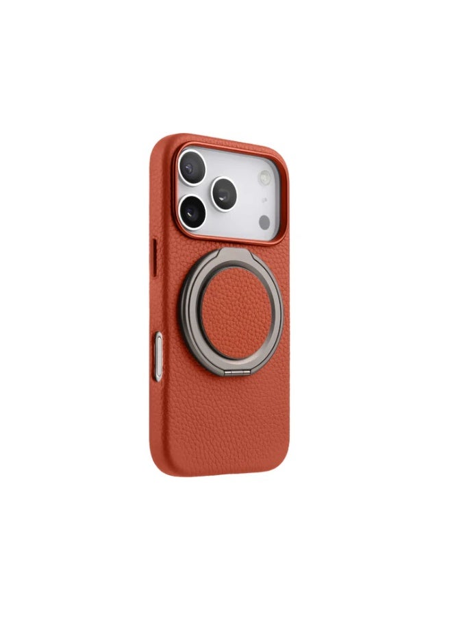 A-Case Amur Series 2-in-1 Genuine Leather Phone Case for iPhone 17 Pro Max with Rotating Metal Grip & Kickstand – MagSafe Compatible, Slim & Durable Protection – Orange - Image 2