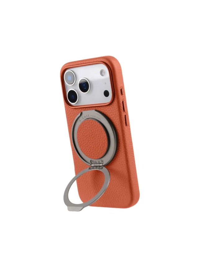 A-Case Amur Series 2-in-1 Genuine Leather Phone Case for iPhone 17 Pro Max with Rotating Metal Grip & Kickstand – MagSafe Compatible, Slim & Durable Protection – Orange - Image 3