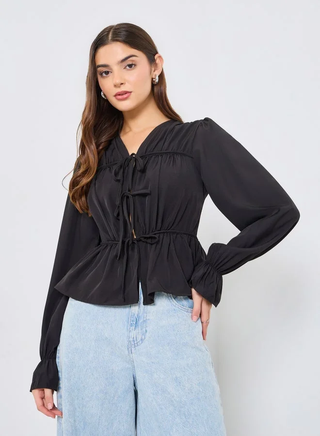 Take Two Black Tie-Neck Peplum Top