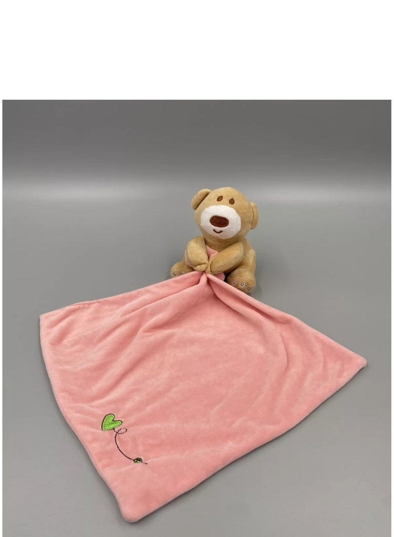Vitacelli "Vitacelli Tan Teddy Bear Lovey Baby Security Blanket - Soft Pink Velour with Green Heart" - Image 1