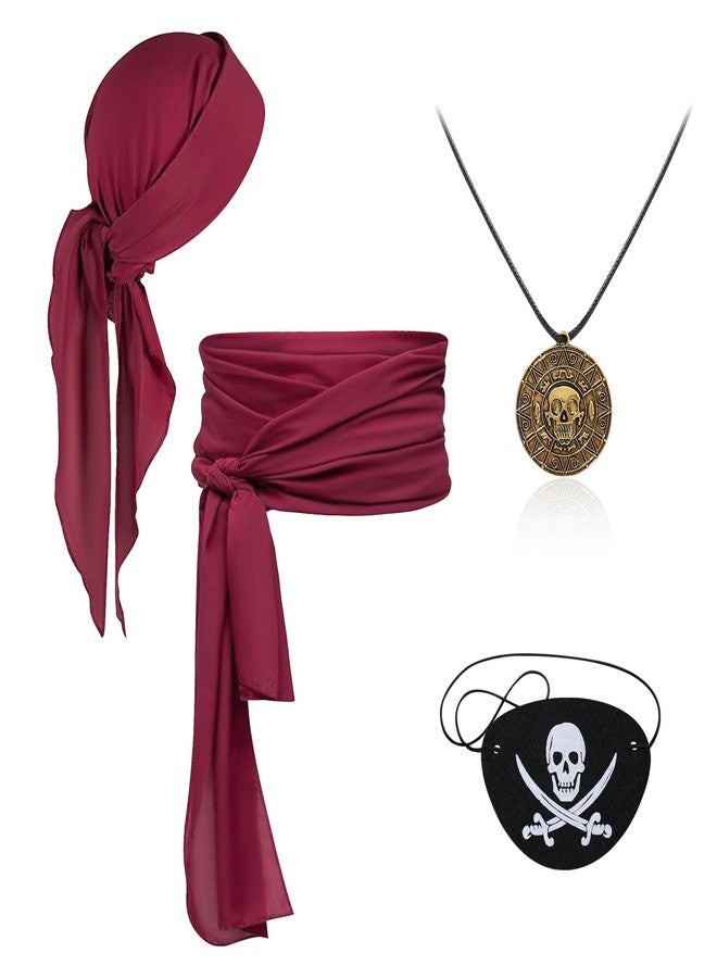 WooHand Pirate Costume 4Pcs Women Men Halloween Pirate Accessories Cosplay Waist Belt Bandana Hat Eye Patch Necklace, Red, One size - Image 1