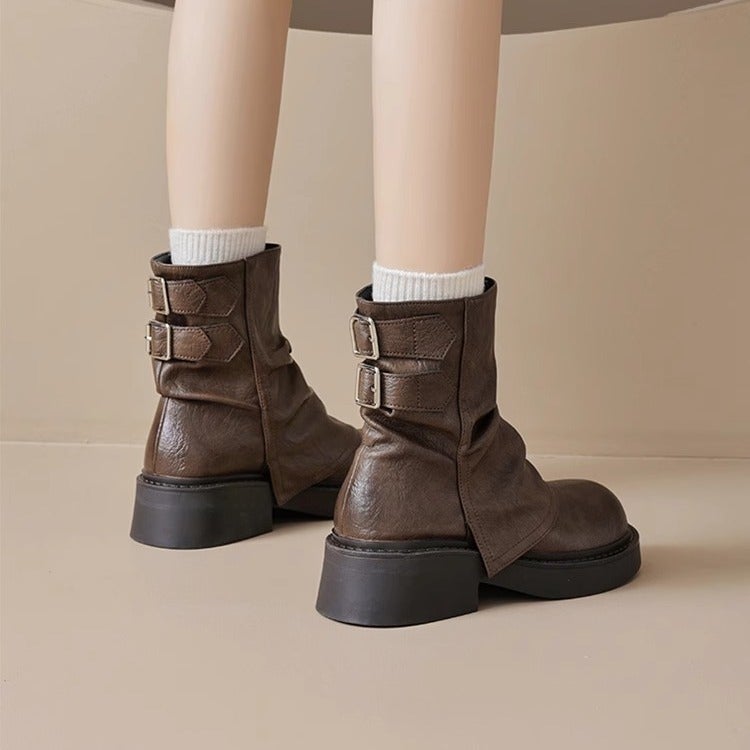 Short Boots For Women 2025 Spring & Fall Thick-Soled Brown Trouser Boots Knight Mid-Calf Short Boots For Women - Image 5
