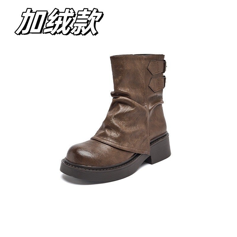 Short Boots For Women 2025 Spring & Fall Thick-Soled Brown Trouser Boots Knight Mid-Calf Short Boots For Women - Image 1