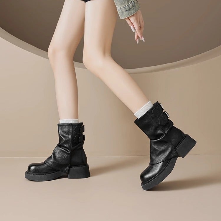 Short Boots For Women 2025 Spring & Fall Thick-Soled Brown Trouser Boots Knight Mid-Calf Short Boots For Women - Image 4