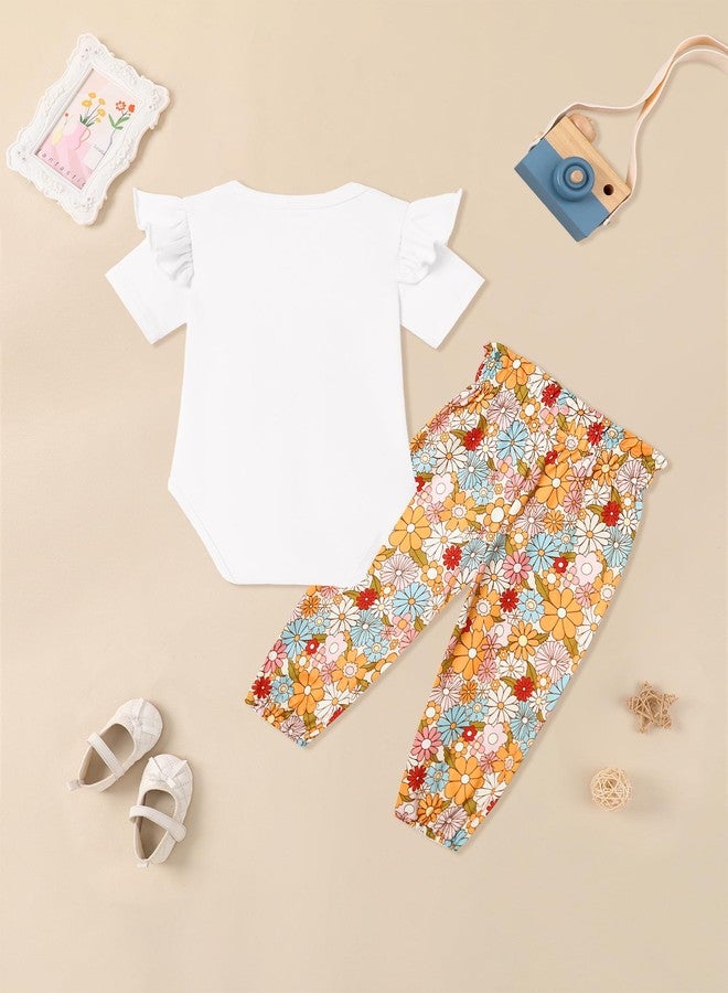 Latnnut Baby Girls Romper Newborn Short Sleeve 3D Flower Print Ruffle Romper and Floral Pants Set Infant Outfit 12-18 Months White - Image 2