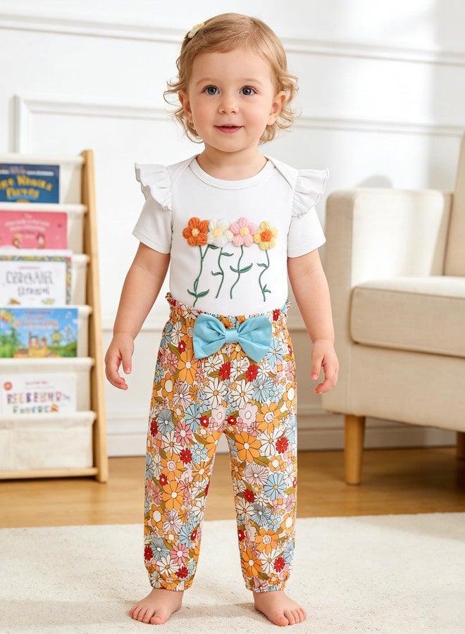 Latnnut Baby Girls Romper Newborn Short Sleeve 3D Flower Print Ruffle Romper and Floral Pants Set Infant Outfit 12-18 Months White - Image 5