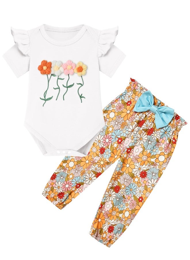 Latnnut Baby Girls Romper Newborn Short Sleeve 3D Flower Print Ruffle Romper and Floral Pants Set Infant Outfit 12-18 Months White - Image 1