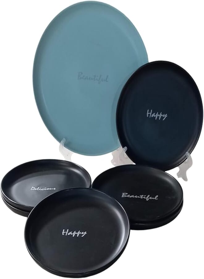 Mazaj Porcelain gateau Set 7 Pcs (1Dinner Plates / 6 Dessert Plates) Mix & Match (Mint Green & Black)