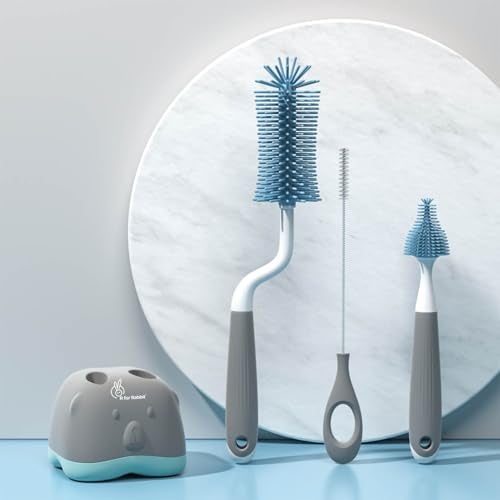R for Rabbit Hygo Care Teddy Baby Bottles Cleaning Brushes 360° Rotatable, Feeding Bottle Nipple & Straw Cleaner Set with Anti Slip Handle, Easy to Clean Corner, BPA-Free Silicone Bristles(Grey Blue) - Image 1