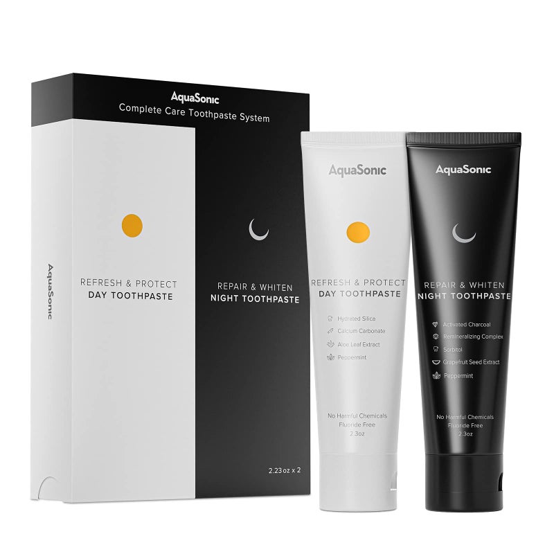 AquaSonic Complete Care Toothpaste Refresh Protect Day Repair Whiten Night Fluoride Free Natural Anticavity Antiplaque Reharden Strengthen Whiten Detoxify