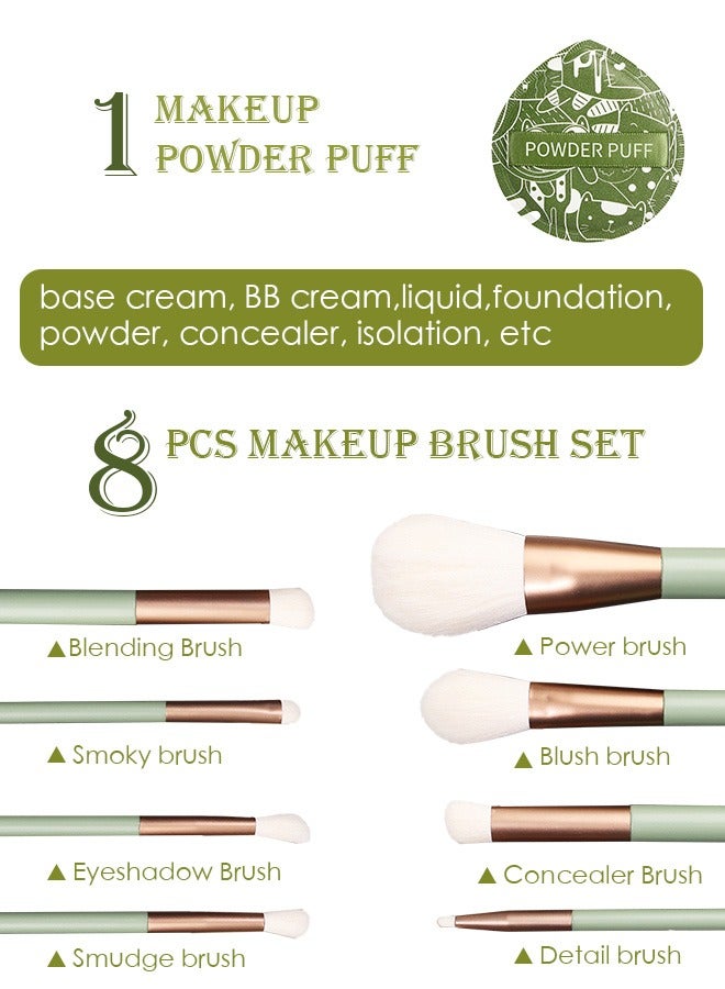 SAROR Make up Brushes set with Bag 8PCS Travel and 1PCS Makeup Sponge Professional Face Powder Puff Eye Shadow Powder Kit Gift Box Brushes Kit Green - Image 2