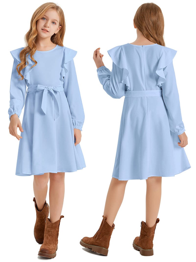 Quedoris Girls Ruffle Trim Long Sleeve Belted Dress with Zipper Blue Fall 150Y - Image 4