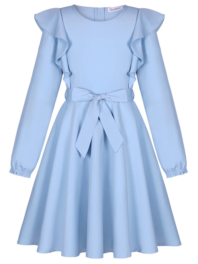 Quedoris Girls Ruffle Trim Long Sleeve Belted Dress with Zipper Blue Fall 150Y - Image 3