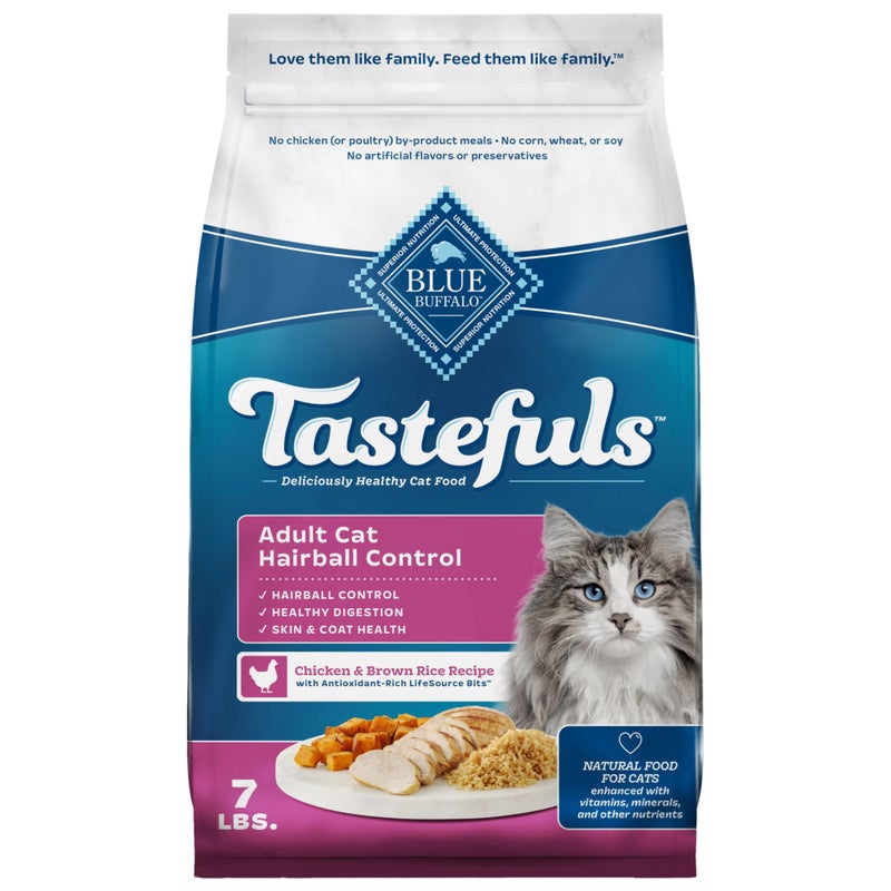 Blue Buffalo Tastefuls Natural Dry Food for Adult Cats, Hairball Control, Chicken & Brown Rice Recipe, 7-lb. Bag - Image 1