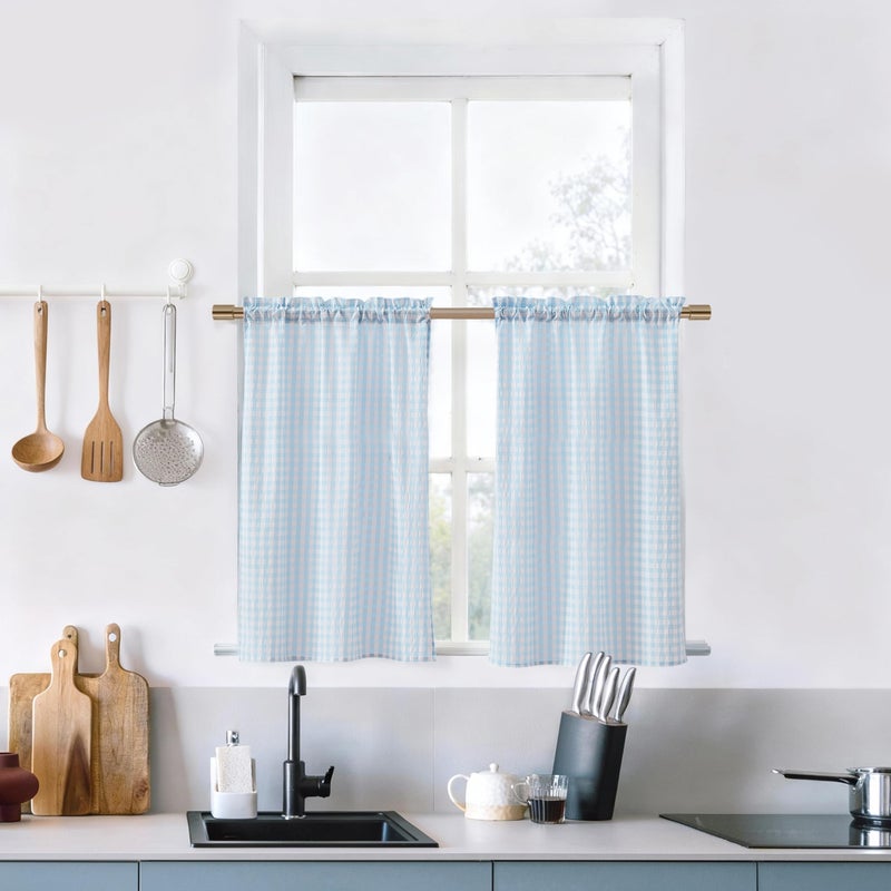 ZJDECOR Buffalo Plaid Kitchen Curtains 36 Inches Long,Blue White Gingham Crinkled Not-See-Through Sheer Cafe Tier Panels,Farmhouse Window Treatment for Kitchen Bedroom,Rod Pocket,26"Wx36"L(Pack of 2) - Image 1