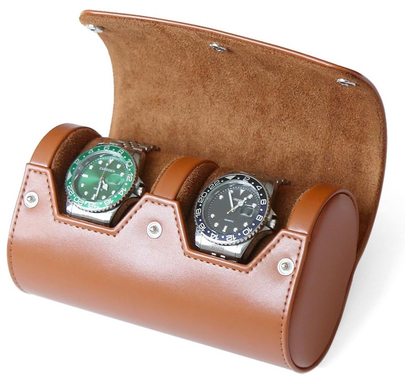 Besforu Watch Roll Travel Case for Men and Women with Suede Lining Portable 2 Slot Watch Display Storage and Organizer to Holder Large Watch(2 Slot Light Brown) - Image 1