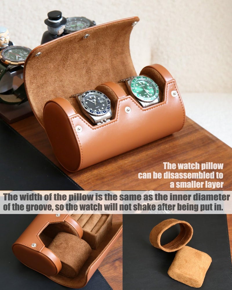 Besforu Watch Roll Travel Case for Men and Women with Suede Lining Portable 2 Slot Watch Display Storage and Organizer to Holder Large Watch(2 Slot Light Brown) - Image 4