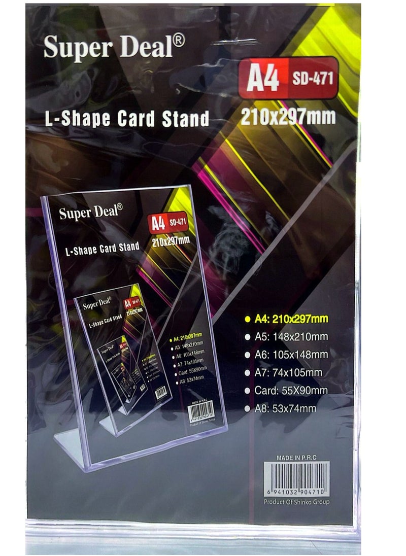 SUPER DEAL Acrylic A4 L-Shape Card Stand Clear  - Image 1