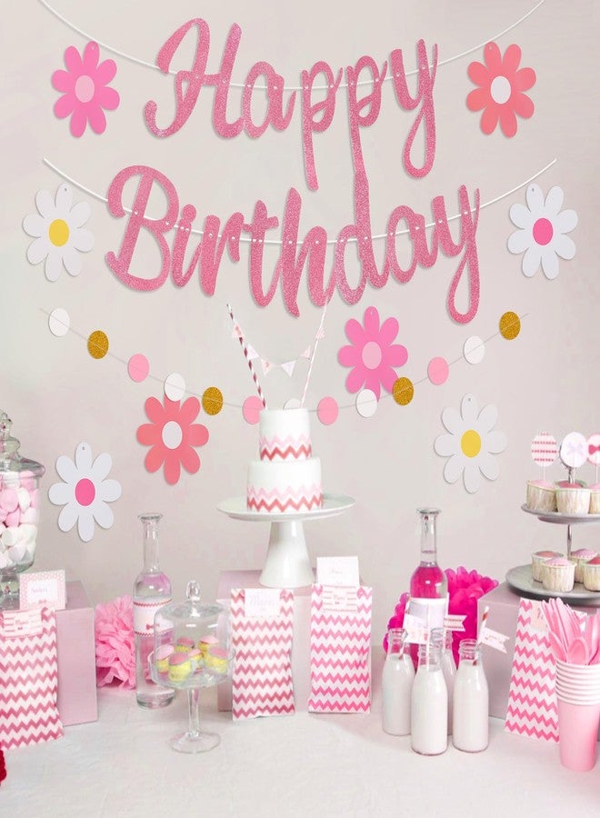 Danadia Pink Happy Birthday Decorations for Women, Happy Birthday Banner with Flower Birthday Decorations, NO DIY Daisy Birthday Party Decorations with Circle Dot Happy Birthday Garland and Bunting Banner - Image 4