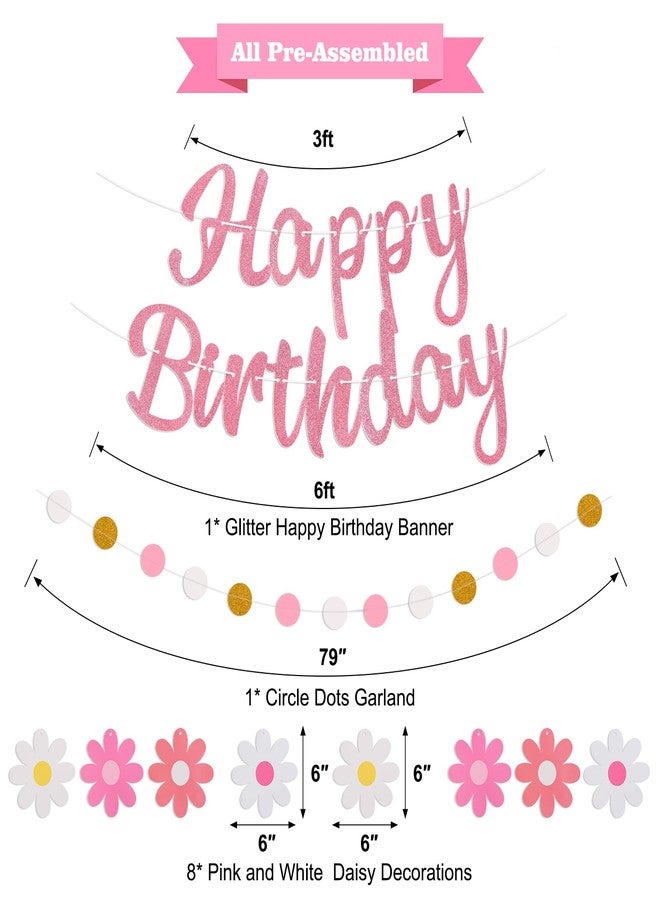 Danadia Pink Happy Birthday Decorations for Women, Happy Birthday Banner with Flower Birthday Decorations, NO DIY Daisy Birthday Party Decorations with Circle Dot Happy Birthday Garland and Bunting Banner - Image 2