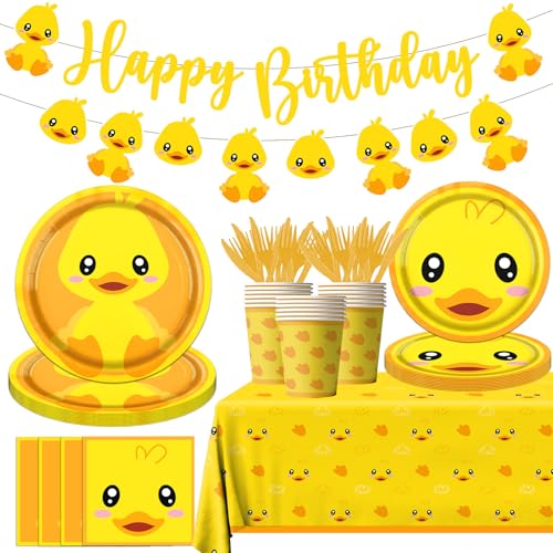 Dydamud Rubber Duck Party SuppliesHappy Birthday Duckie Tableware Set Duck Plates Yellow Baby Shower Napkins Cups for Waddle It Be Gender Reveal PartyOne Lucky Duck Birthday Decorations - Image 1
