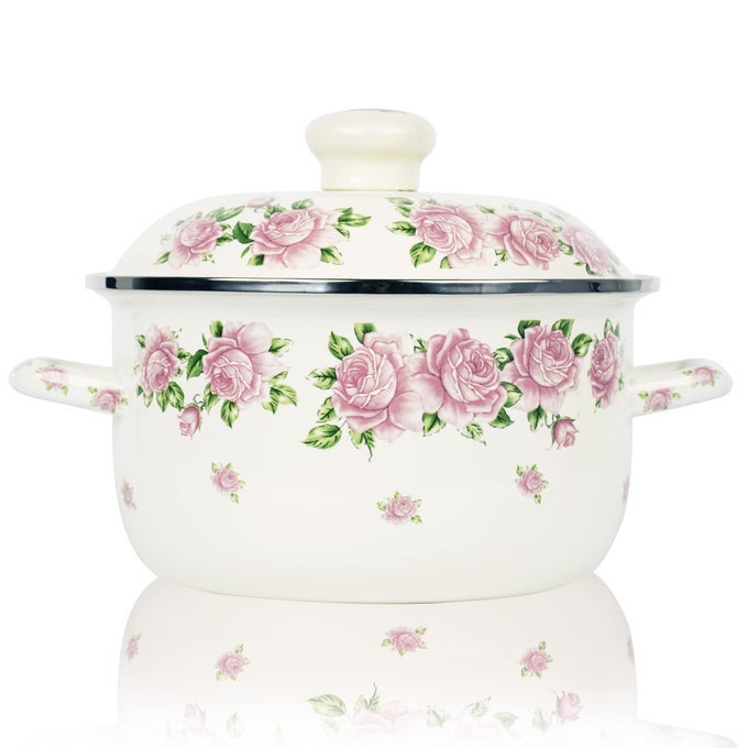 RETRO FLOWER ENAMEL STOCKPOT WITH LIDSTOCKPOTS FOR COOKING PINK 3QT