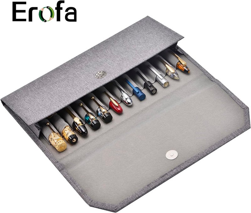 erofa 12 Fountain Pen Case Grey Organizer Pouch Portfolio Waterproof Canvas Pen Holder with Divider Slots - Image 2