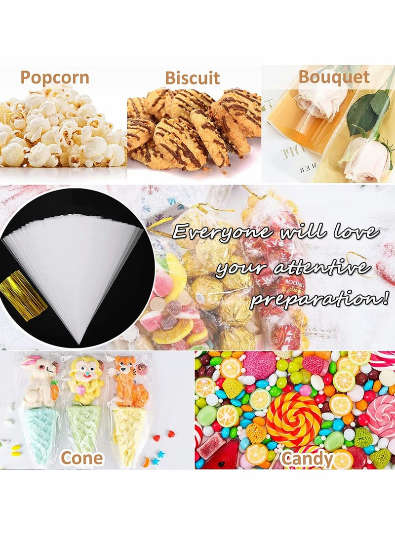 Excefore - Sweet Cone Bags, 150pcs Cellophane Bags Sweet Bags with Twist Ties, Plastic Sweetie Cones Bags Clear Sweet Cone Bags and Ties for Snacks Popcorn Chocolates Candy Party(11.8" X 6.3") - Image 1