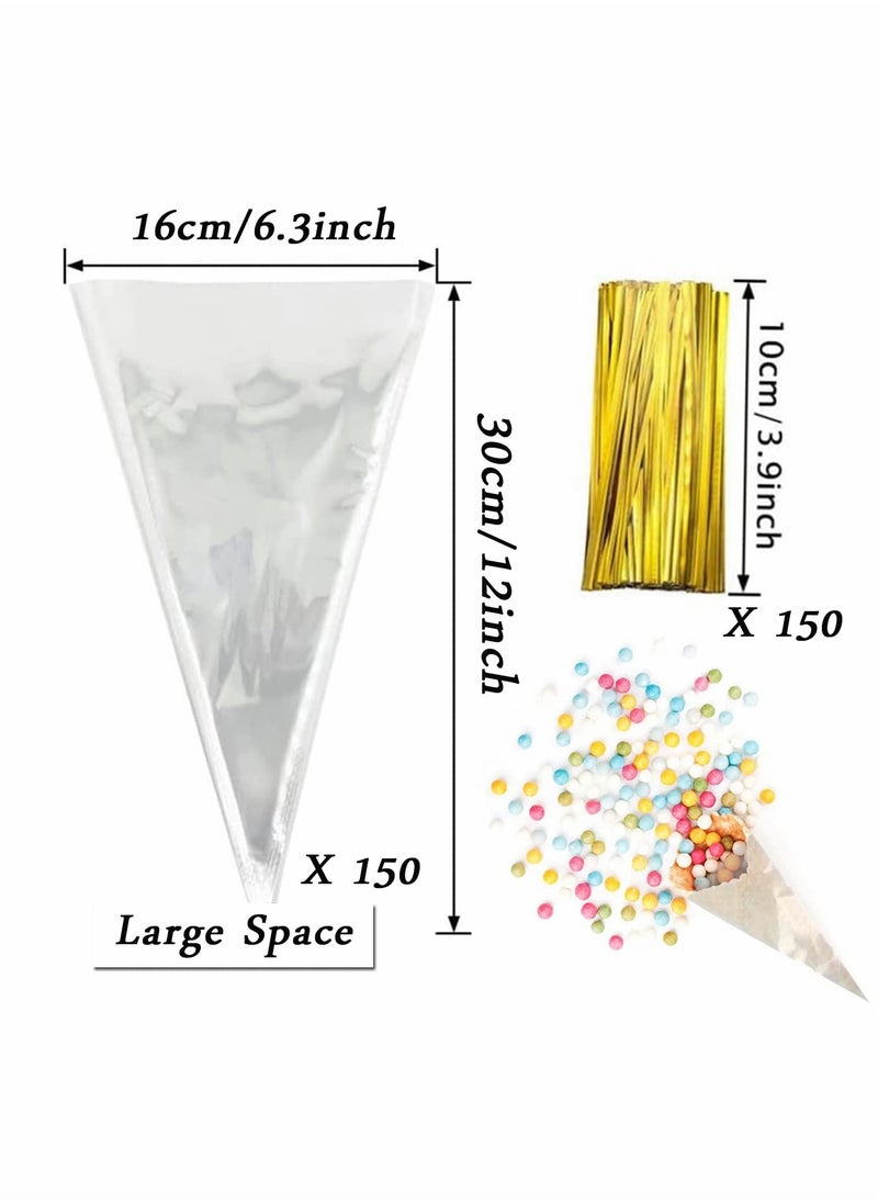 Excefore - Sweet Cone Bags, 150pcs Cellophane Bags Sweet Bags with Twist Ties, Plastic Sweetie Cones Bags Clear Sweet Cone Bags and Ties for Snacks Popcorn Chocolates Candy Party(11.8" X 6.3") - Image 1