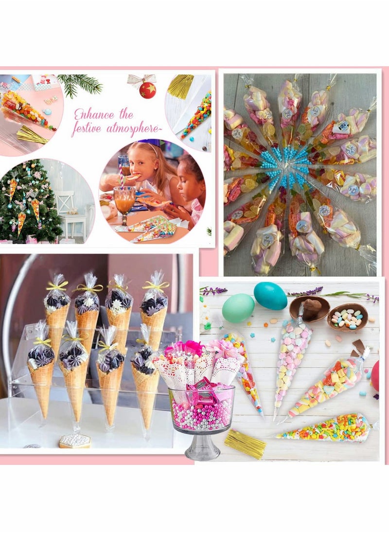 Excefore - Sweet Cone Bags, 150pcs Cellophane Bags Sweet Bags with Twist Ties, Plastic Sweetie Cones Bags Clear Sweet Cone Bags and Ties for Snacks Popcorn Chocolates Candy Party(11.8" X 6.3") - Image 1