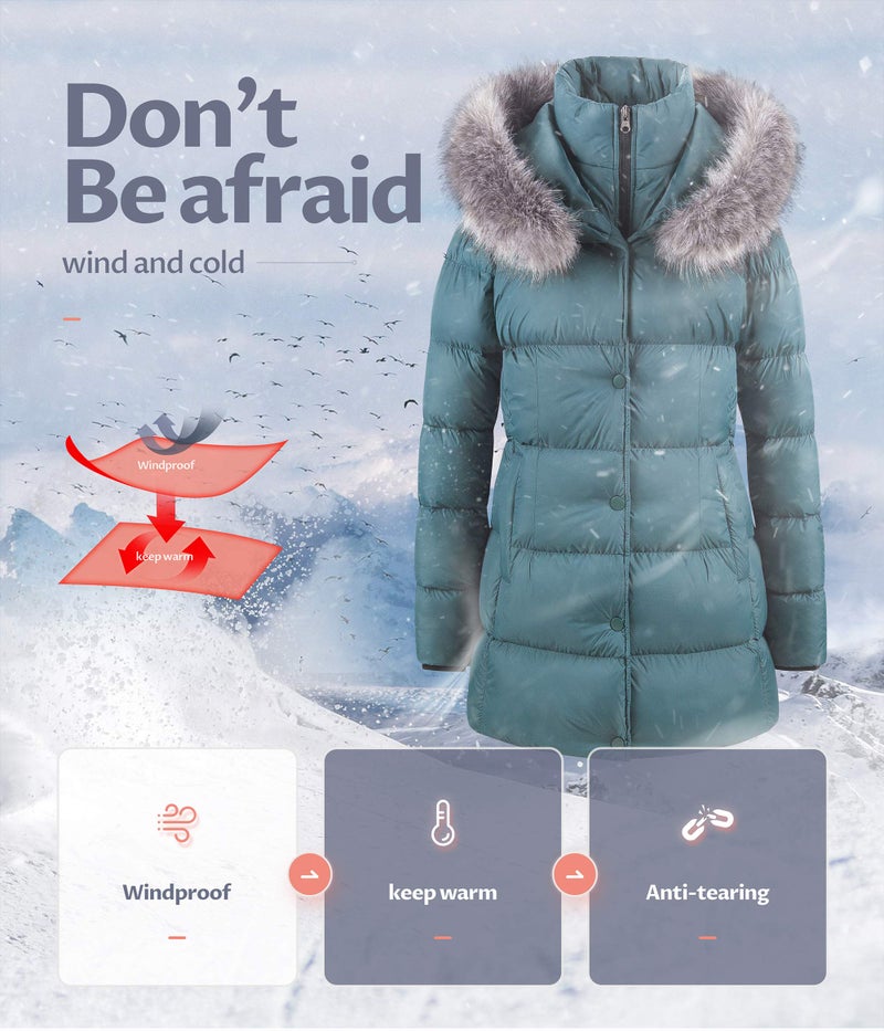 CREATMO US Women's Ladies Insulated Parka Jacket Quilted Zip Front Plus Size Winter Coat Acid Blue 3XL - Image 5