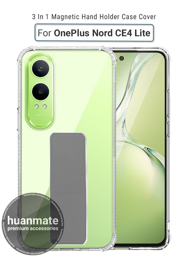OnePlus Nord CE4 Lite Magnetic Case With Hand Grip Holder & Kickstand - Strong Grip for Magnetic Car Holder, Stylish & Functional, Ultimate Convenience & Hands-Free Viewing - Clear/Grey