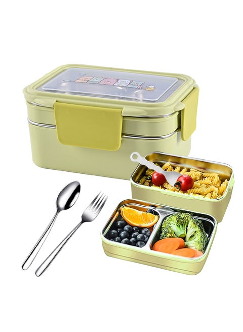 أداندو علبة غداء من الفولاذ المقاوم للصدأ - ١١٠٠ مل - عبوات بينتو مزدوجة الطبقات آمنة للاستخدام في الميكروويف - علبة غداء معزولة ٣٠٤، مقاومة للتسرب - علبة غداء لطيفة برسومات كرتونية، مثالية للطلاب والمدارس والأطفال الصغار والأولاد والبنات، مع أدوات مائدة من الفولاذ المقاوم للصدأ