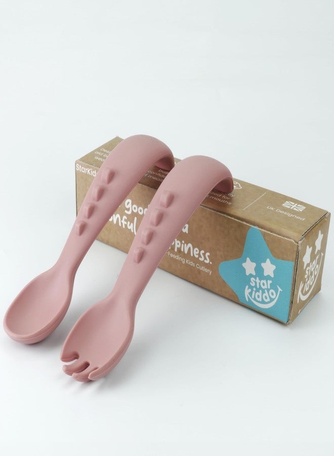 StarKiddo® Soft Silicone Spoon and Fork Set | Silicone Baby Cutlery| Baby Feeding Spoon and Fork| Training Feeding for Kids and Toddlers| BPA Free| Food Grade| Dishwasher Safe (Rose Pink) - Image 1