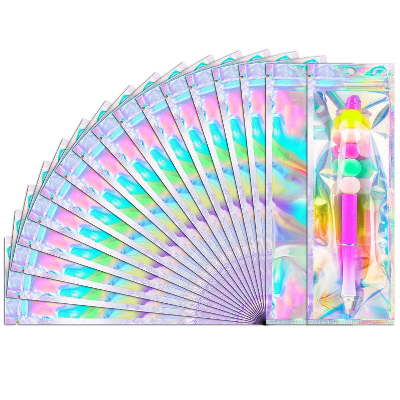 FUNFERY 100 Pack Holographic Bags Clear Window Resealable Bags for Candy Party Favor, Mylar Zipper Bag Stripping Foil Pouch Packaging Bag for Pen,Jewelry,Brushes Small Business Supplies(2.7x9in) - Image 1
