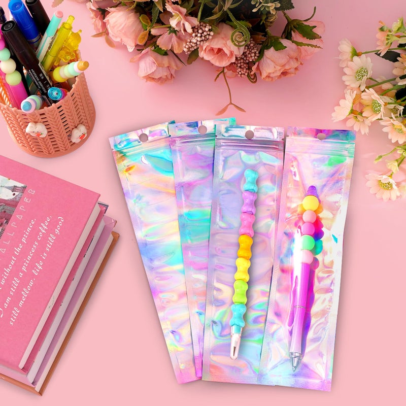FUNFERY 100 Pack Holographic Bags Clear Window Resealable Bags for Candy Party Favor, Mylar Zipper Bag Stripping Foil Pouch Packaging Bag for Pen,Jewelry,Brushes Small Business Supplies(2.7x9in) - Image 3