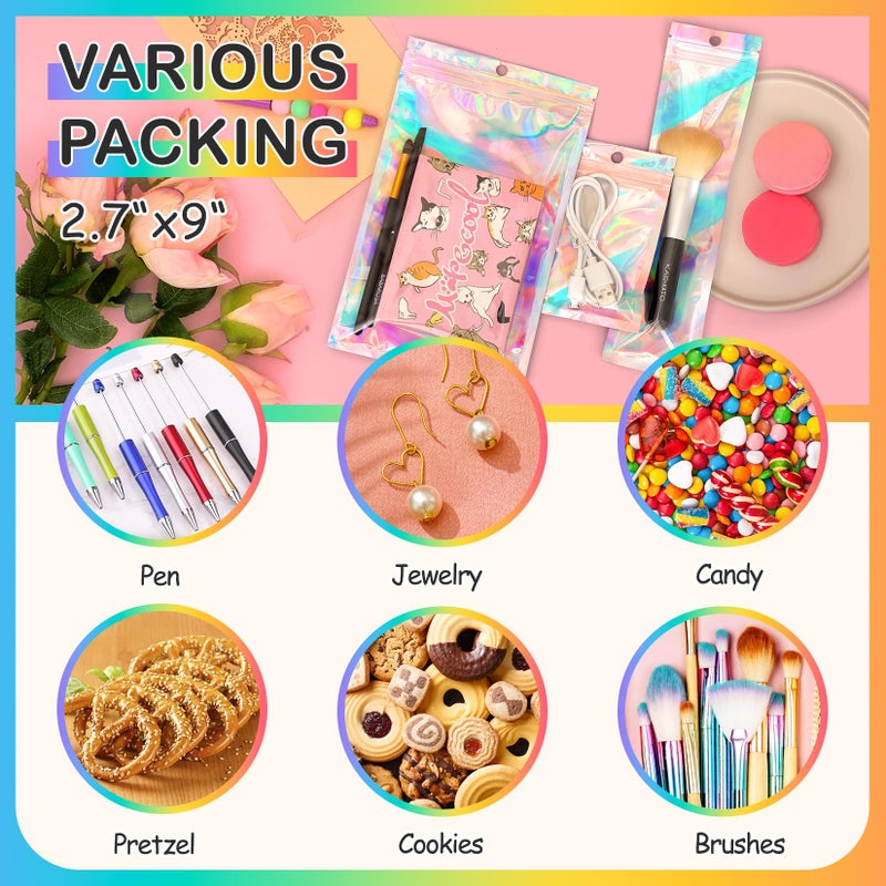 FUNFERY 100 Pack Holographic Bags Clear Window Resealable Bags for Candy Party Favor, Mylar Zipper Bag Stripping Foil Pouch Packaging Bag for Pen,Jewelry,Brushes Small Business Supplies(2.7x9in) - Image 5