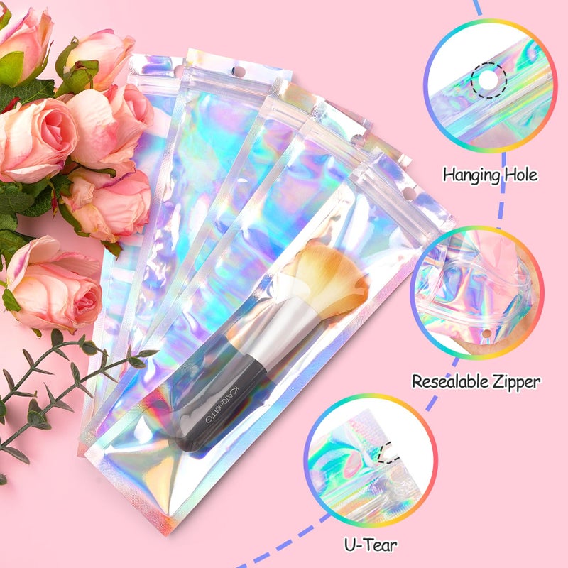 FUNFERY 100 Pack Holographic Bags Clear Window Resealable Bags for Candy Party Favor, Mylar Zipper Bag Stripping Foil Pouch Packaging Bag for Pen,Jewelry,Brushes Small Business Supplies(2.7x9in) - Image 4