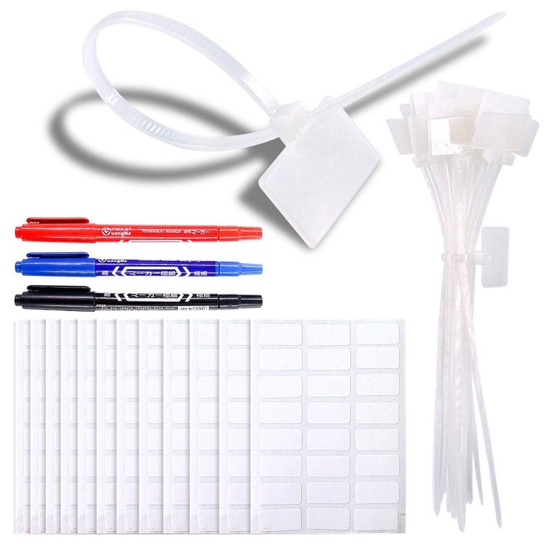 Glarks 200-Pieces 6 Inch Nylon Cable Marker Ties Self-locking Cord Tags Write on Ethernet Label Wire Straps with 3 Marker Pens and 288Pcs White Self-Adhesive Cable Labels for Home and Office Use - Image 1
