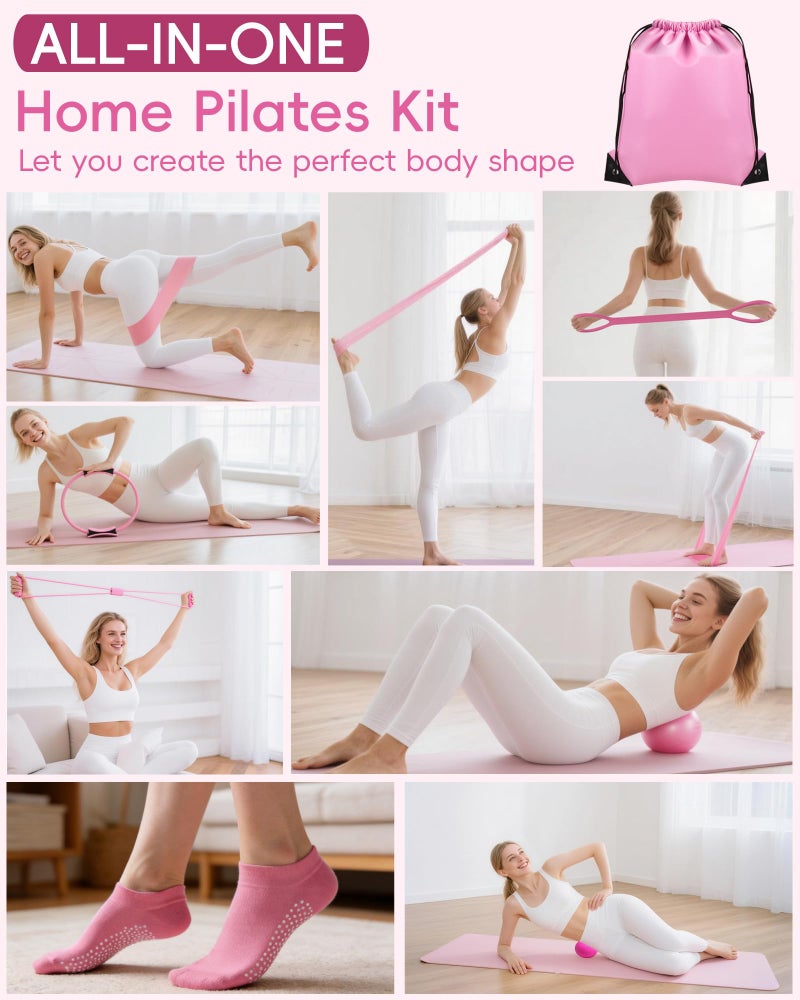 KABCON Pilates Kit for Home, Women Beginners Workout Essentials Set with 13" Ring, 9.8" Ball, Resistance Bands & Guide, 13/14/16 PCS Compact Pilates Equipment - Image 2